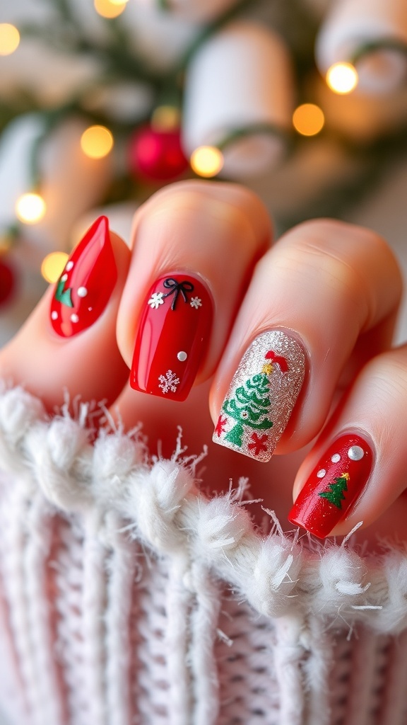 Glittery Christmas nail art with red and green polish, decorated with festive designs.